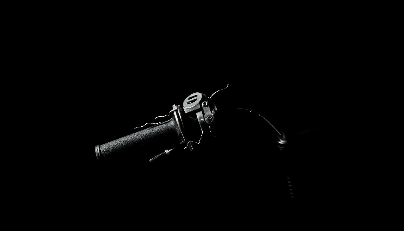 An extreme close-up photograph of a damaged e-moto or pocket bike part, such as a broken handlebar or cracked frame, lit by a harsh, direct camera flash against a pitch-black background, conceptually illustrating the aftermath of a street takeover incident.