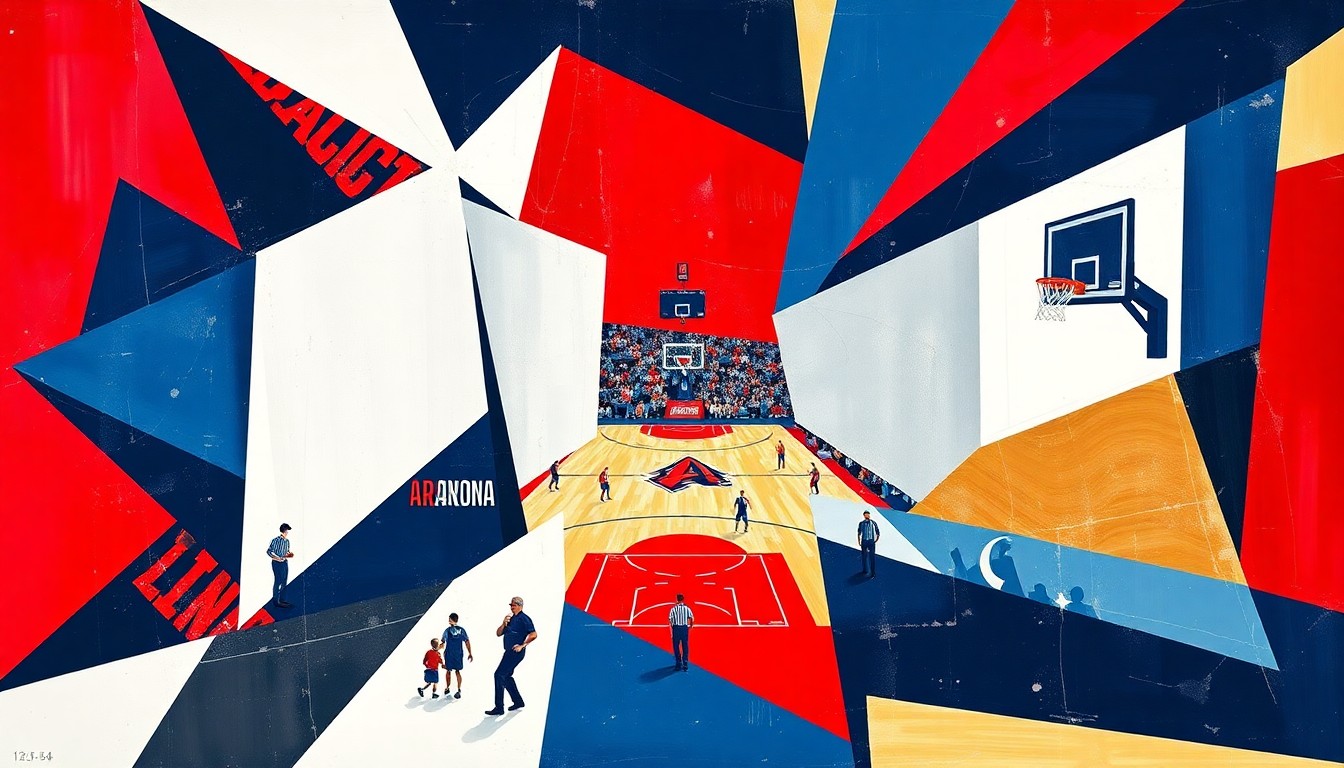 A cubist, geometric painting in navy blue, cardinal red, and white, depicting fragmented, overlapping scenes of a basketball game, capturing the energy and movement of the sport.