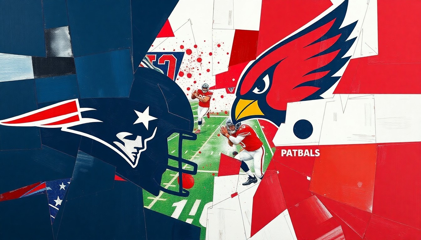 A fragmented, geometric painting depicting a football game or match, with sharp planes of navy blue, red, and white representing the New England Patriots and Arizona Cardinals in competition.