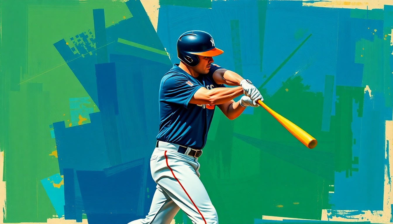 A cubist-style painting depicting the fractured, geometric forms of a baseball player's batting stance and swing, rendered in a bold color palette that captures the dynamic energy of the sport.