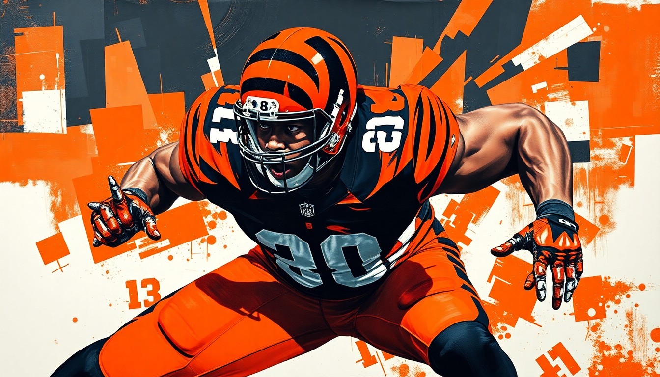 A fractured, geometric painting depicting a Cincinnati Bengals defensive lineman in action, with sharp planes of orange and black representing the team's colors and the raw energy of the sport.