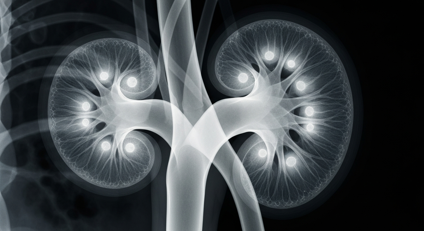 A highly detailed, translucent X-ray image showing the internal structures of a human kidney, with glowing cysts and tubules visible against a dark background, conceptually representing the complex biology of polycystic kidney disease.