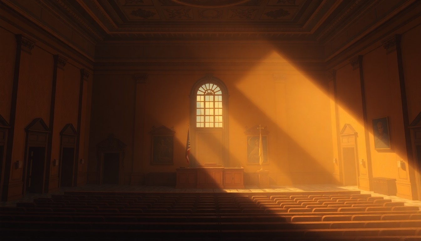 A dimly lit, cinematic painting of an empty city council chamber, with warm sunlight streaming in through the windows and casting deep shadows across the room, conveying a sense of civic contemplation and debate.
