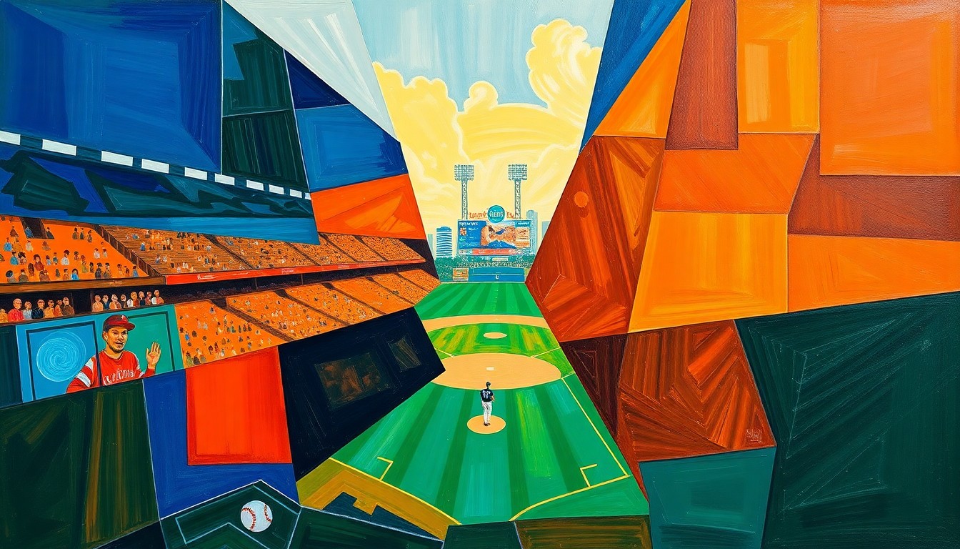 A fractured, multi-perspective painting in bold, geometric shapes and colors, capturing the dynamic energy of a baseball game without any recognizable figures or details.