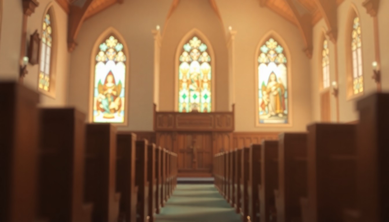 An abstract, out-of-focus photograph in soft, warm tones depicting the interior of a church, with blurred pews, stained glass windows, and a glimpse of a choir loft, conceptually representing the spiritual and communal aspects of Dorothy Pate Kirby's life.