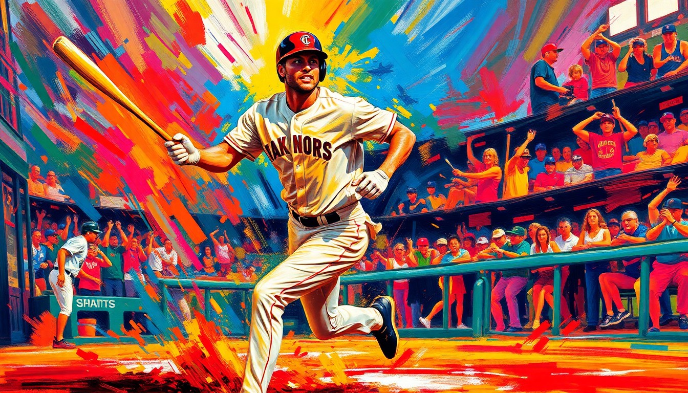 An abstract, expressionist painting in vibrant neon colors depicting the dynamic motion of a baseball player rounding the bases after a clutch hit, with the player's features and uniform dissolving into energetic brushstrokes.