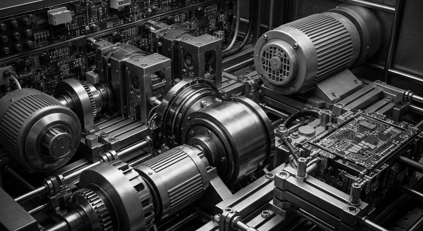 A high-contrast black and white close-up of the intricate gears, motors, and circuits that power semiconductor manufacturing equipment, representing the industrial backbone of the tech industry.