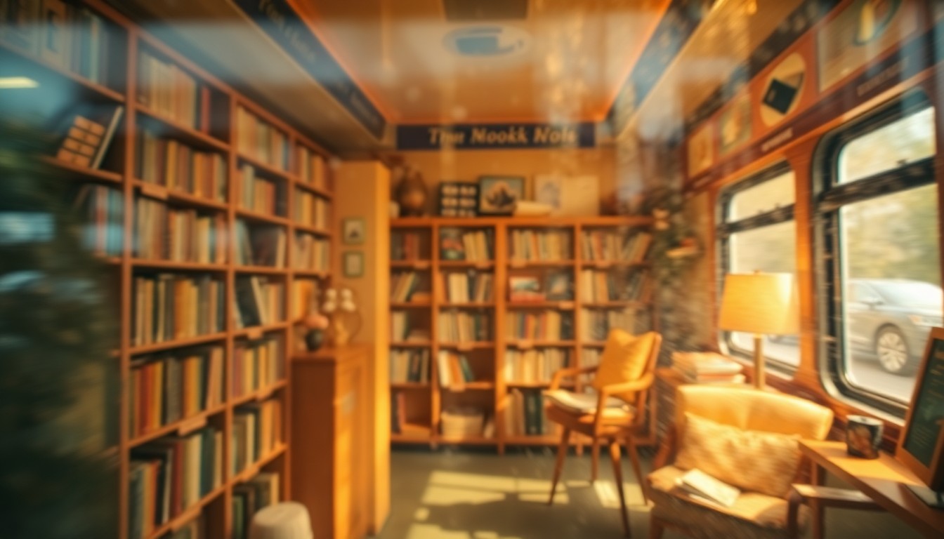 An extremely blurred, impressionistic scene of a cozy bookmobile interior filled with bookshelves and reading nooks, captured in a warm, dreamlike color palette.
