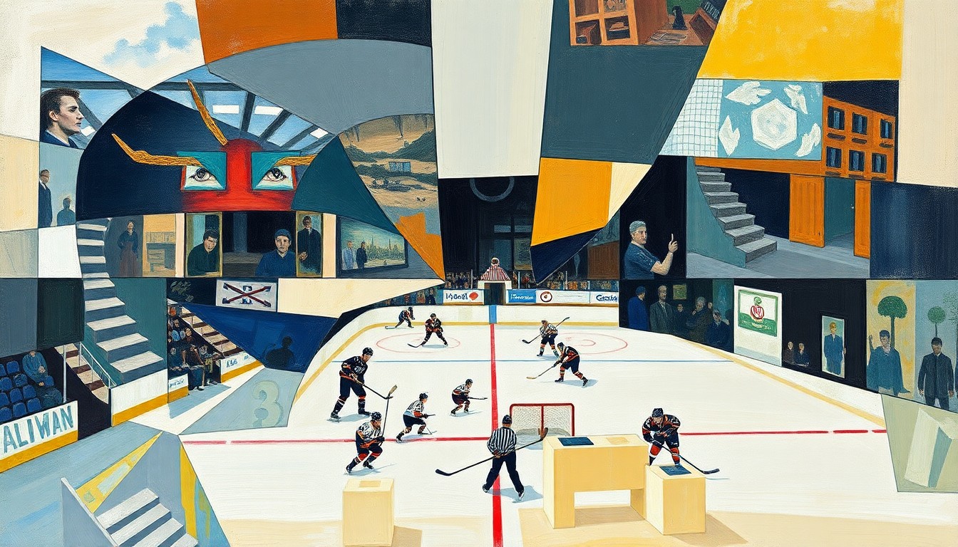 A cubist-style painting featuring sharp, overlapping geometric shapes and planes in muted tones, conceptually representing the uncertainty and fragmentation within the New Jersey Devils organization.