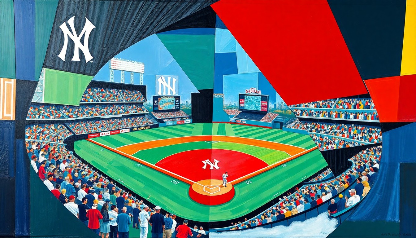 A fragmented, geometric painting depicting a baseball game, with overlapping planes of color and form representing the players, field, and action on the diamond.