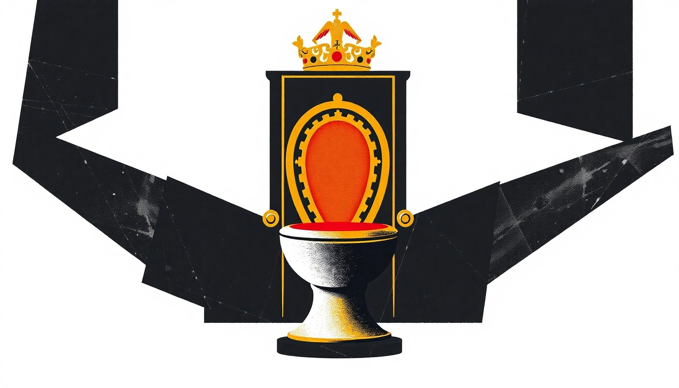 An extreme abstract composition of jagged black shapes and bold red and white colors, conceptually representing a golden throne or toilet as a symbol of political power and excess.