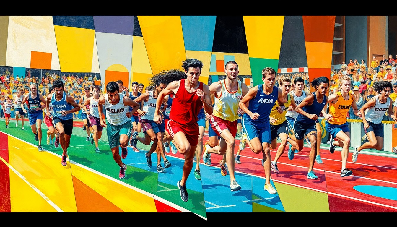 A fragmented, geometric painting in bold colors depicting the overlapping movements and perspectives of athletes competing in a track and field event.