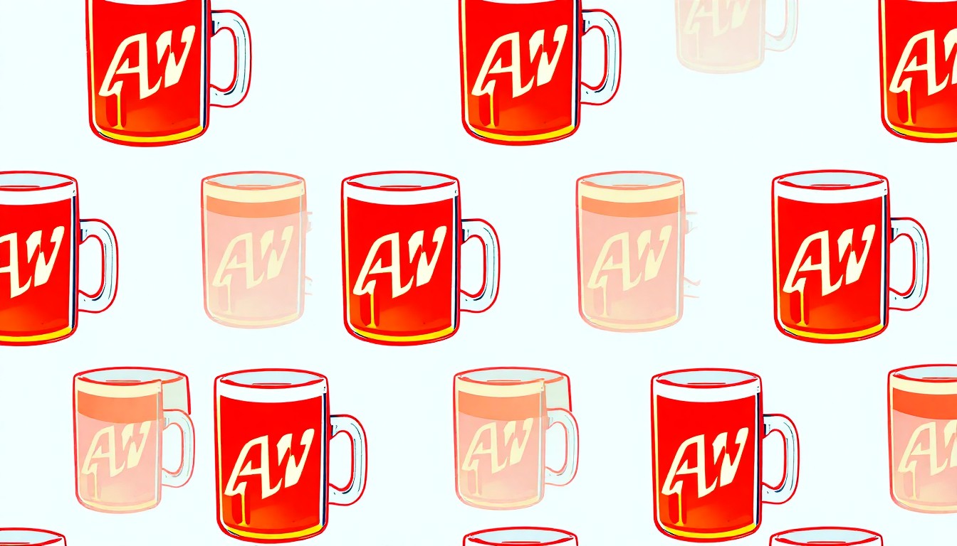 A grid of brightly colored, high-contrast silkscreen-style illustrations of a classic A&W root beer mug, conceptually representing the nostalgic dining experience offered at this Smithfield location.