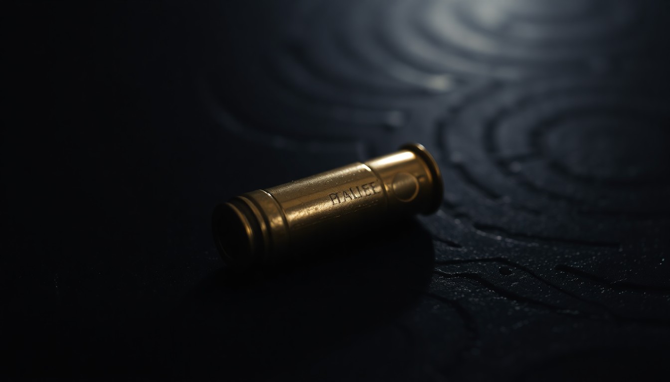 An extreme close-up of a shiny, metallic bullet casing on a rough, dark surface, capturing the stark, gritty aesthetic of a crime scene investigation.