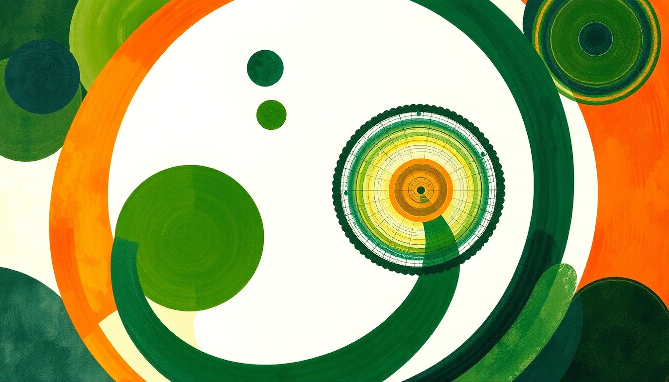 A bold, abstract painting in earthy tones of green, orange, and blue, featuring sweeping geometric shapes and precise botanical spirals, conceptually representing the interconnected fields of science and the collaborative energy of the Science Bowl competition.