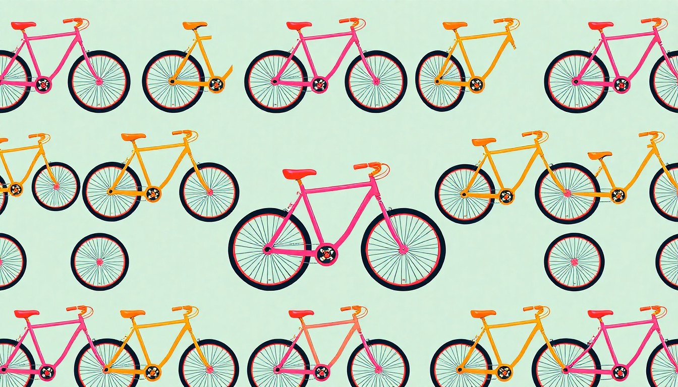 A bold, colorful silkscreen-style illustration featuring a repeated bicycle icon in a grid pattern, conceptually representing the focus on biking infrastructure in Florence's streetscape redesign.