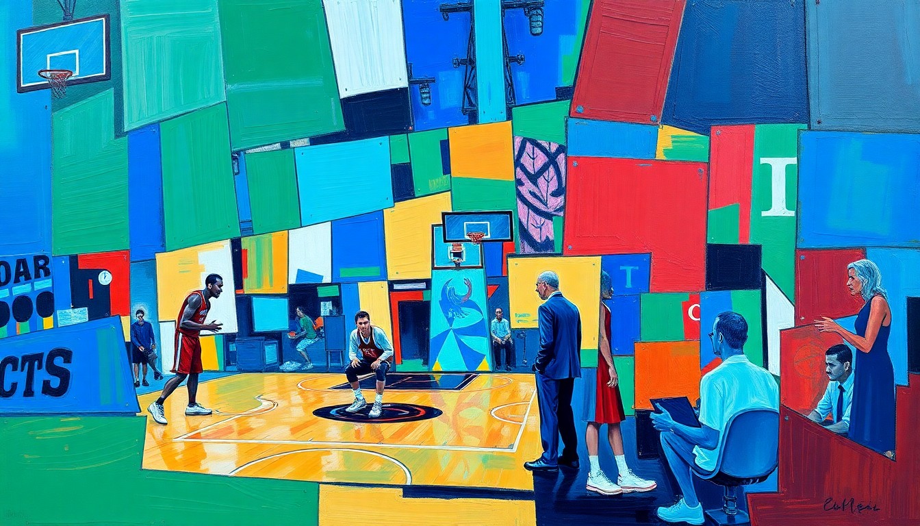 A fractured, cubist-style painting depicting a basketball coaching scene, with sharp geometric shapes and planes of vibrant colors like blue, green, and red, conceptually representing the unconventional mindset of Boston Celtics coach Joe Mazzulla.