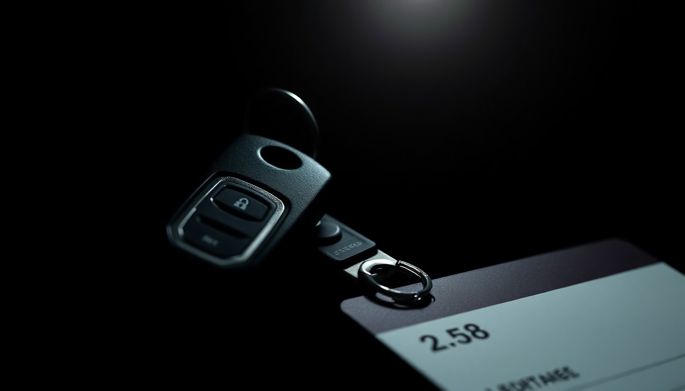 An extreme close-up photograph of a car key and license against a pitch-black background, lit by a harsh, direct camera flash, conceptually representing the investigation into a violent crime.