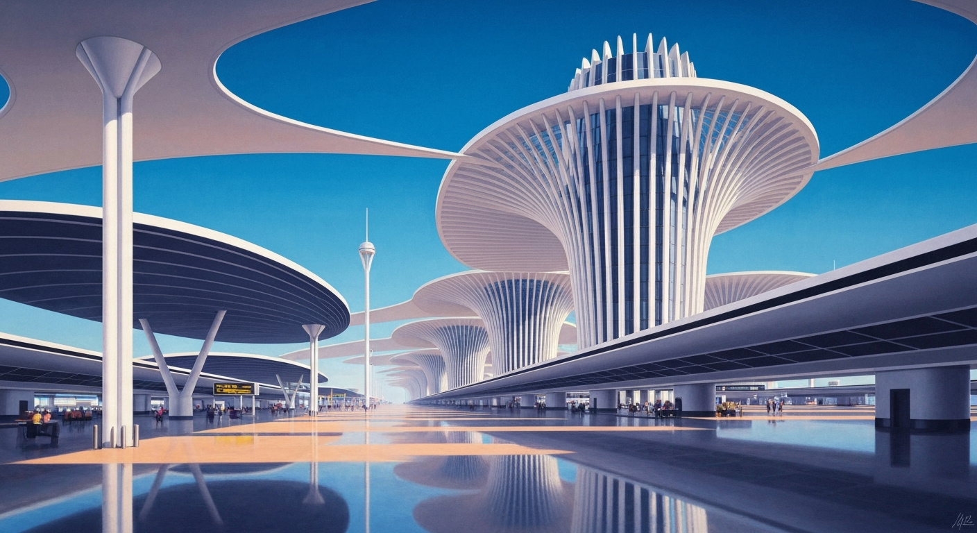 A bold, geometric illustration depicting the grand scale and streamlined forms of an airport terminal, with sweeping gradients and towering forced perspectives, conceptually representing the efficient operations at BWI Airport's security checkpoints.
