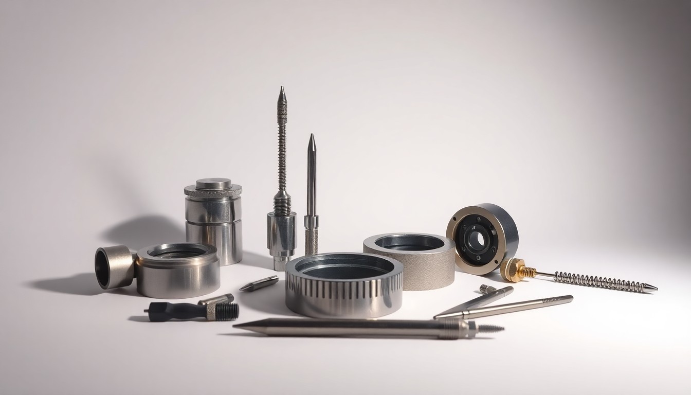 A minimalist studio still life photograph featuring a collection of precision engineering tools and components in muted metallic tones, arranged elegantly on a solid white background, conceptually representing Atmus' expanded testing capabilities.