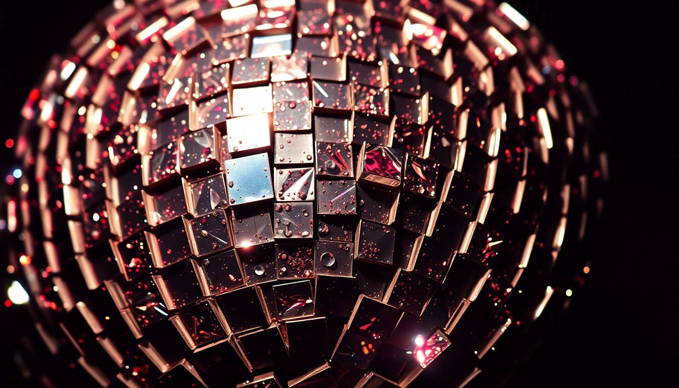 An extreme close-up photograph of shattered glass shards from a disco ball, reflecting dramatic studio lighting to create a glittering, high-contrast texture evoking the energetic, emotive house music pioneered by DJ Dan.