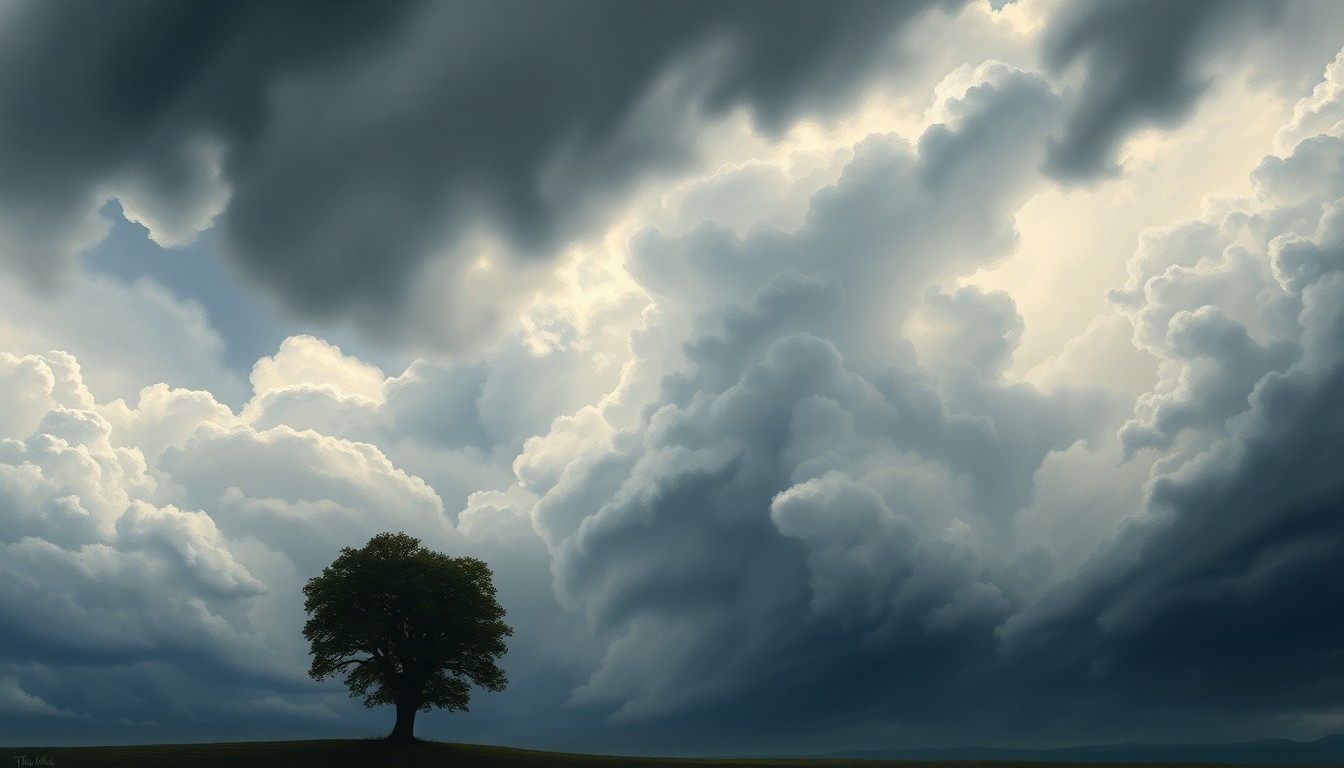 A dramatic landscape painting in muted tones, with a lone tree silhouetted against a stormy, cloud-filled sky, conveying the overwhelming power and scale of the impending weather event.