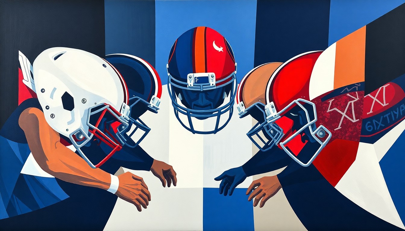 A fragmented, geometric painting depicting the chaotic collision of a defensive line, with players' forms broken down into sharp, overlapping shapes in navy, red, and white.