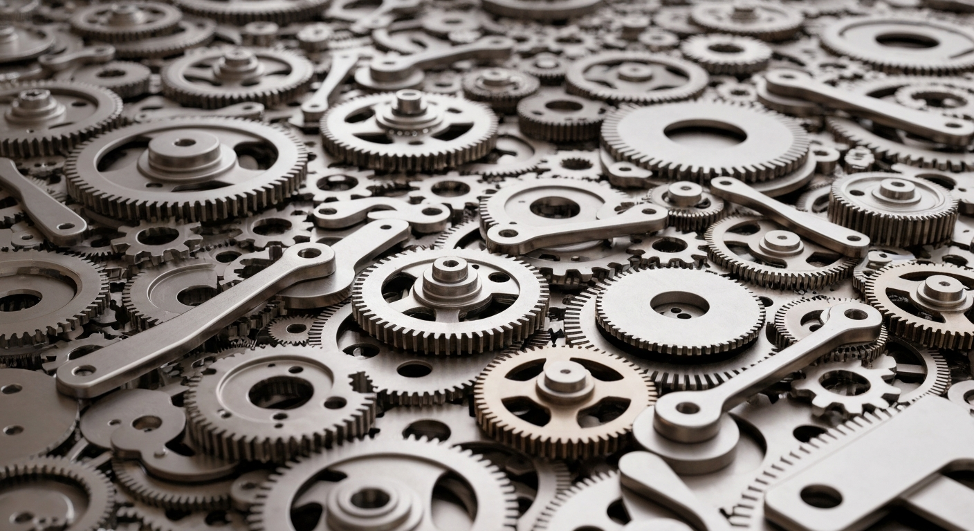 An extreme close-up of a complex, interlocking network of metal gears, cogs, and levers in shades of silver, bronze, and steel, conceptually representing the inner workings of a sophisticated financial technology platform.