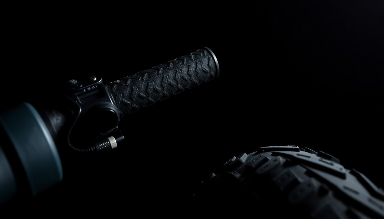 An extreme close-up photograph of a damaged eBike handlebar or ATV tire tread, captured in stark, gritty detail under harsh flash lighting to convey the investigative nature of this incident.