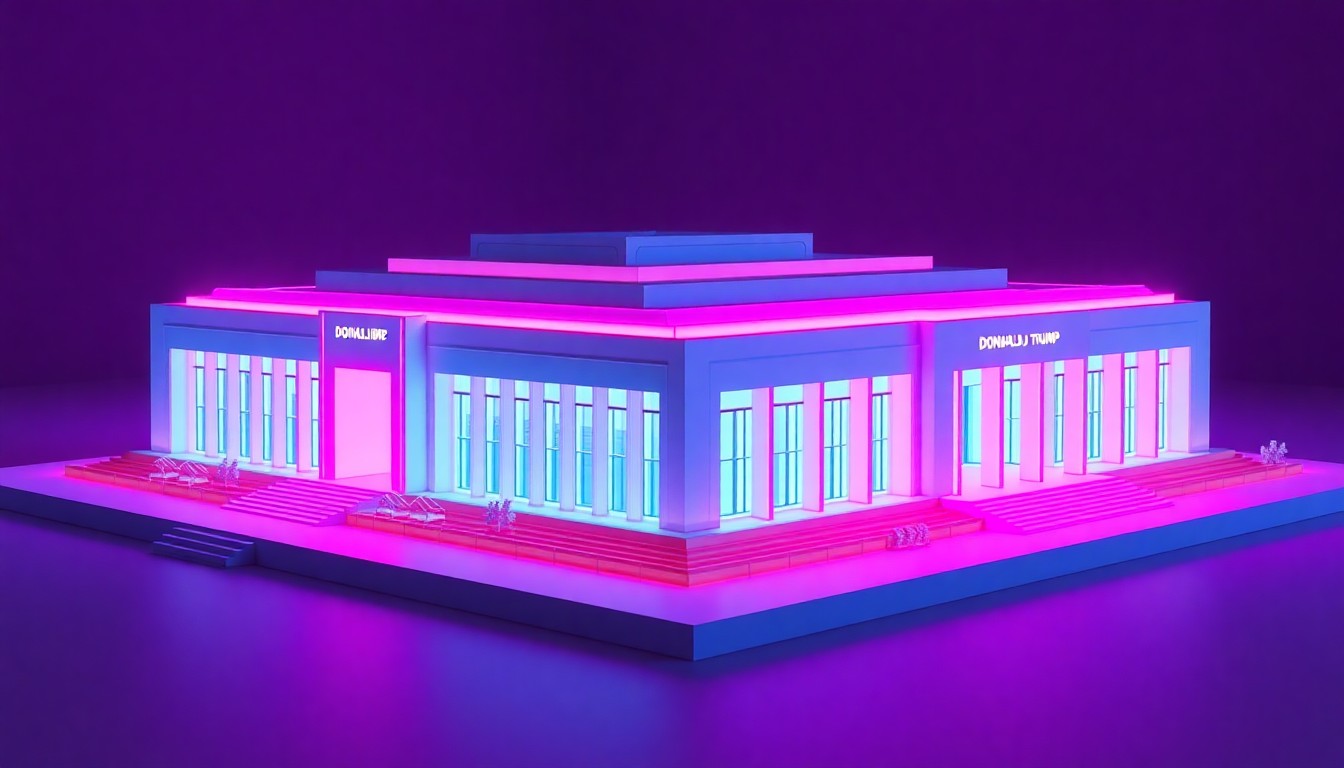 A highly detailed, 3D illustration of a glowing, futuristic architectural model of a tall, angular building with clean geometric lines and shapes, illuminated by neon cyan and magenta lights, representing the planned Donald J. Trump Presidential Library in Miami, Florida.
