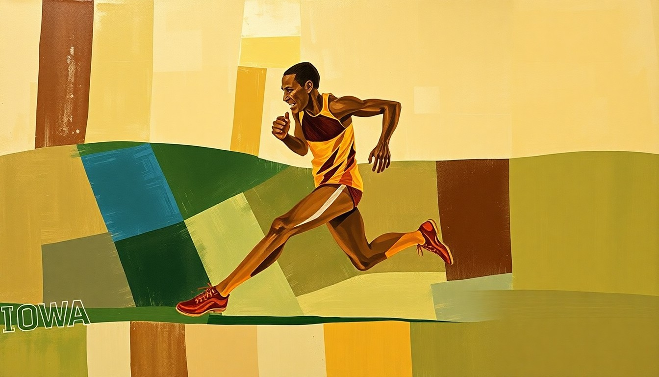 A fragmented, geometric painting depicting the overlapping forms and motion of a runner against an abstract Iowa landscape in earthy tones.