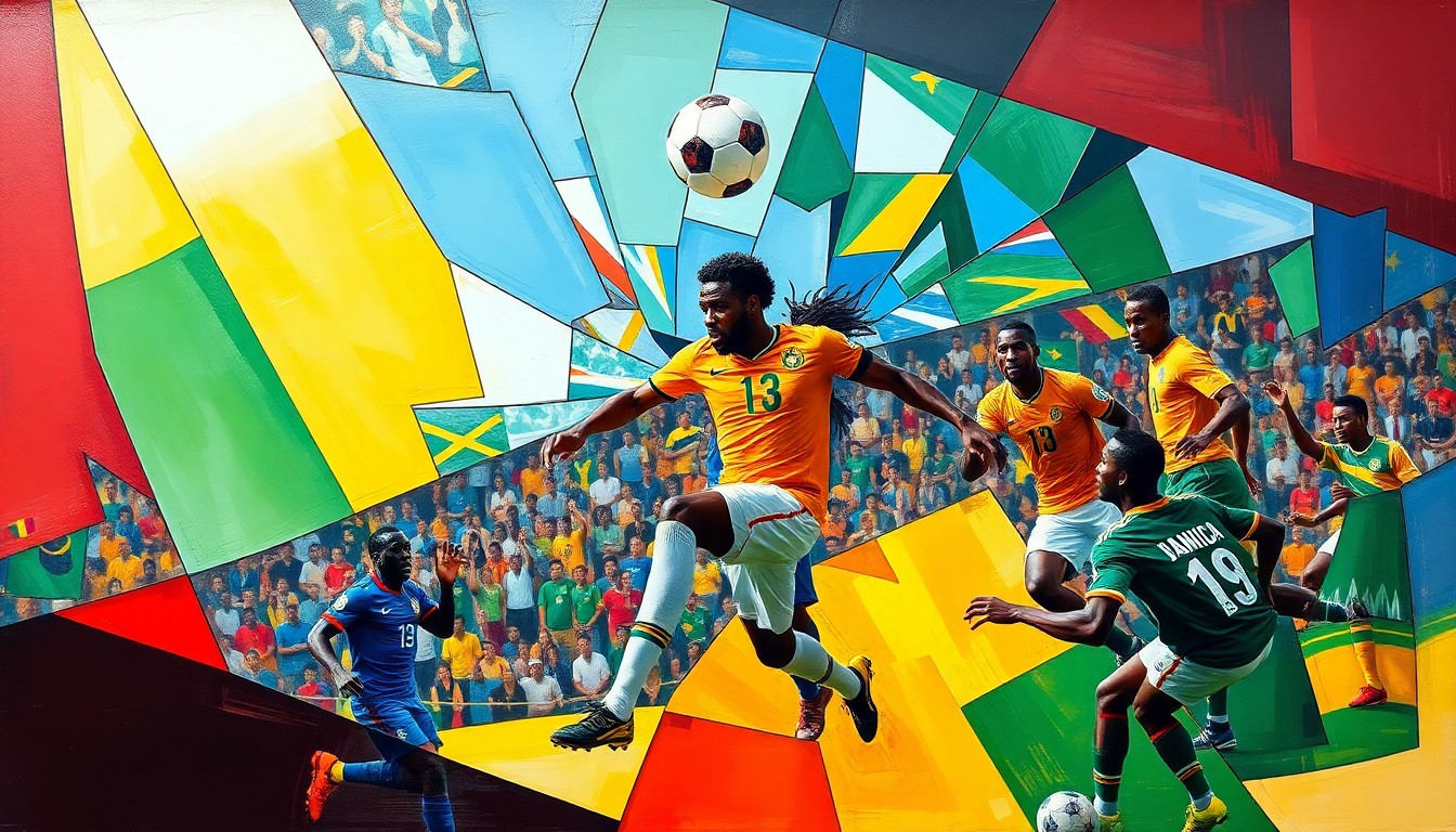 A cubist, geometric painting depicting the dynamic action of a soccer match between two national teams, with the players' uniforms and movements fractured into overlapping planes of vibrant colors.