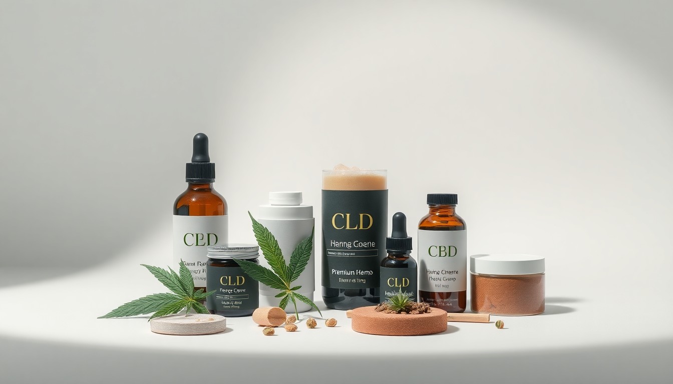 A high-end, photorealistic studio still-life photograph featuring a selection of premium hemp and CBD products arranged elegantly on a clean, monochromatic background, conceptually representing the challenges facing the hemp industry in Iowa due to restrictive regulations.