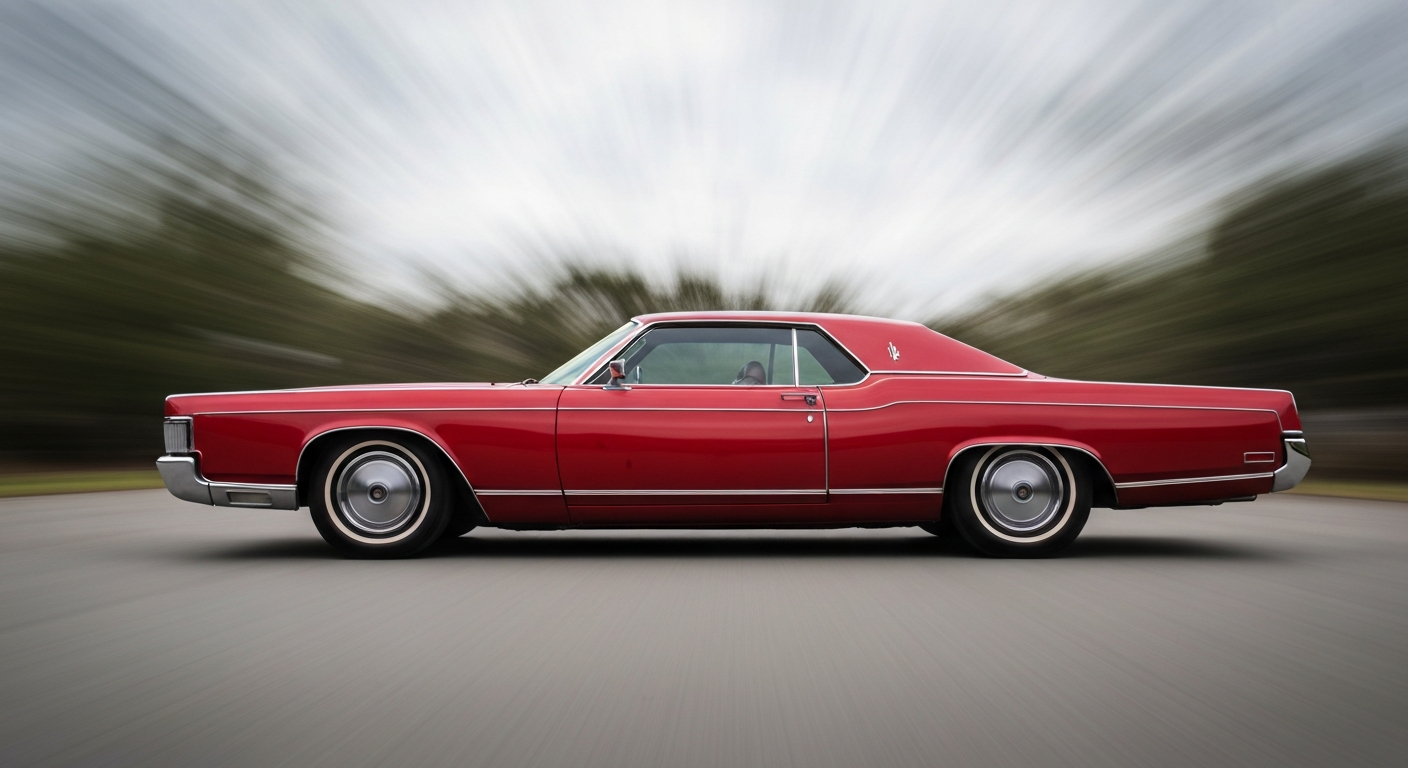 An abstract, blurred image of a red 1970 Lincoln Continental, its body and details transformed into sweeping brushstrokes of vibrant color, conveying a sense of speed and the enduring appeal of classic American car design.