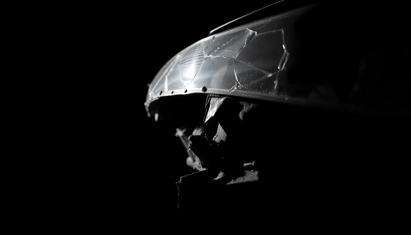 An extreme close-up of a damaged car part, such as a twisted metal fragment or shattered glass, captured in stark, dramatic lighting to conceptually illustrate the aftermath of a fatal crash.