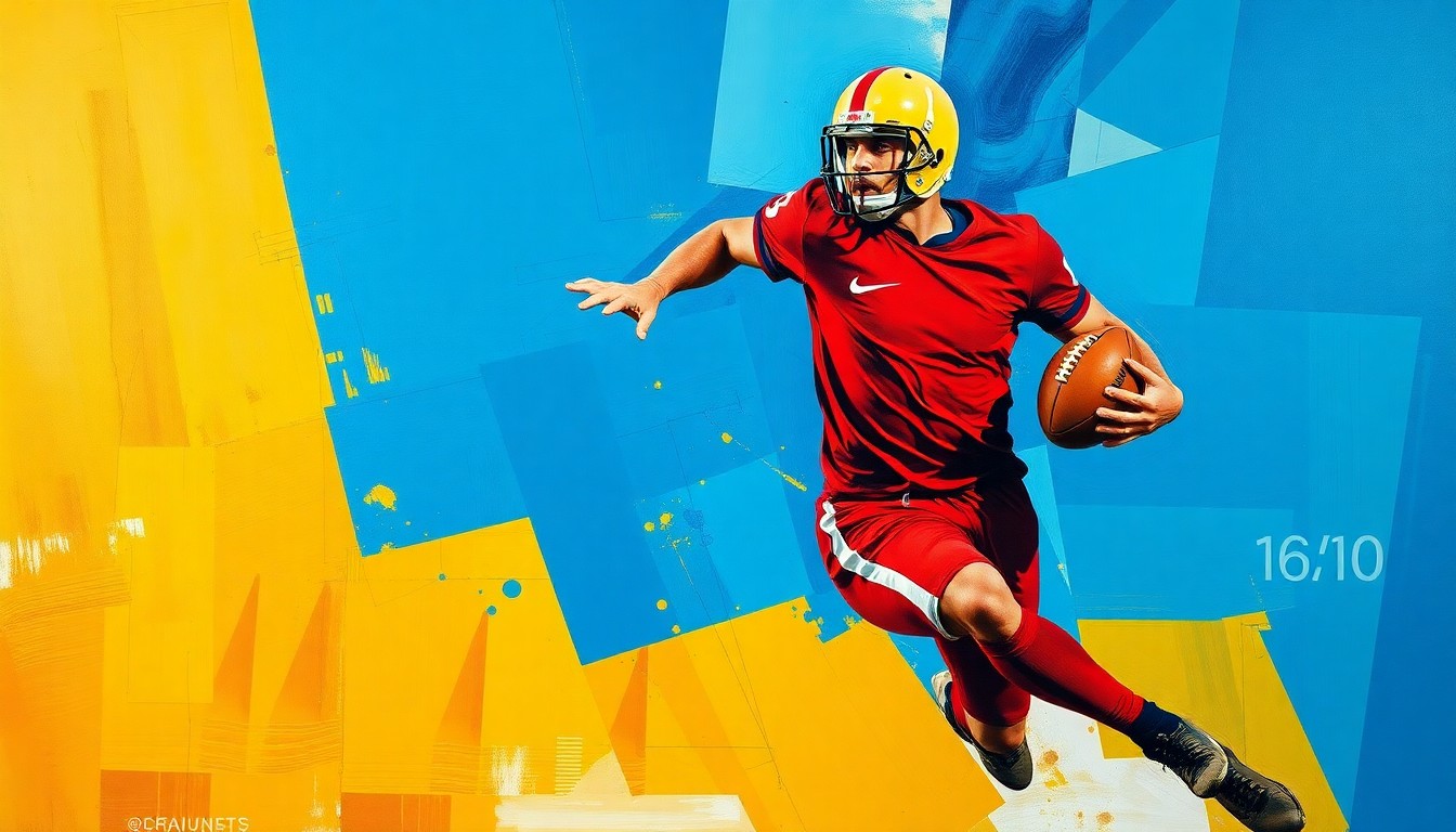 A fragmented, cubist-style painting depicting a football player in mid-stride, their body broken down into sharp, overlapping geometric shapes in a vibrant color palette of blues, reds, and yellows, conceptually representing the complex contract situation between the player and his team.