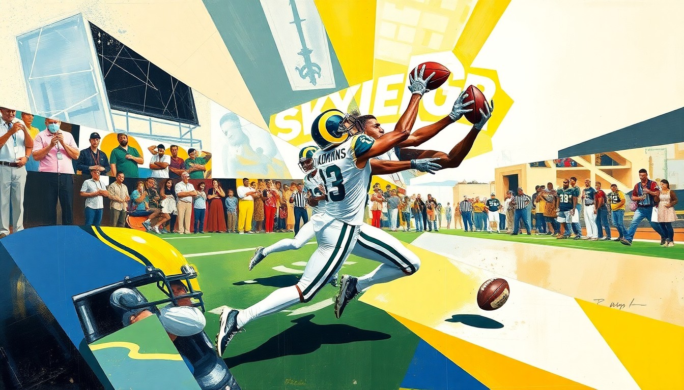 A cubist-style painting depicting a Rams offensive play with Davante Adams making a touchdown catch, the scene broken down into sharp, overlapping geometric shapes and planes in vibrant colors.