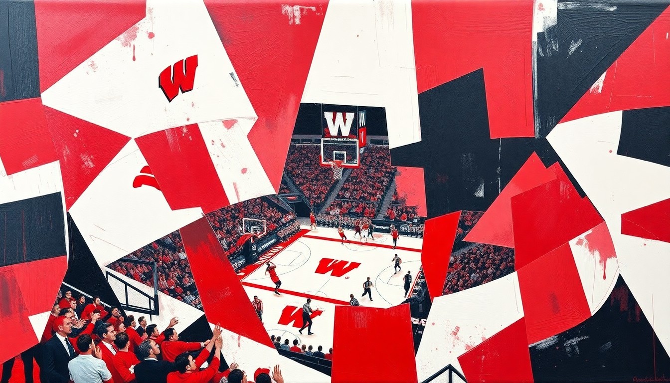 A cubist-style painting depicting a Wisconsin Badgers basketball game, with the action broken down into sharp, overlapping geometric shapes in red, white, and black, conveying the intensity and drama of overtime play.