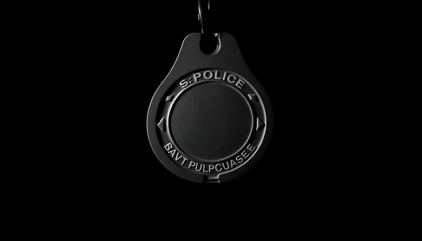 An extreme close-up photograph of a police badge or handcuff against a pitch-black background, lit by a harsh, direct camera flash, conceptually representing the stark, gritty, and investigative nature of this high-profile criminal case.