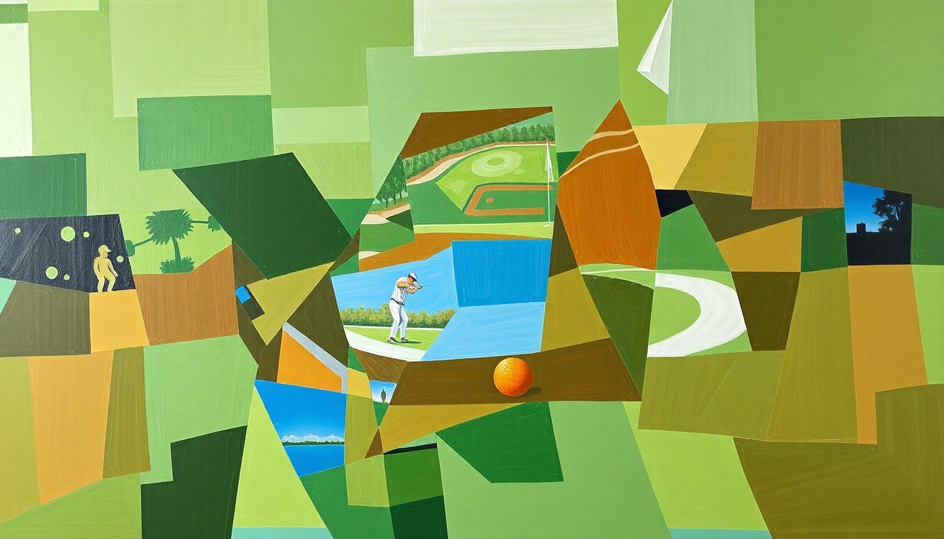 A fractured, geometric painting depicting a golf tournament or match, with sharp planes of green, brown, and blue overlapping to create a dynamic, abstract composition.
