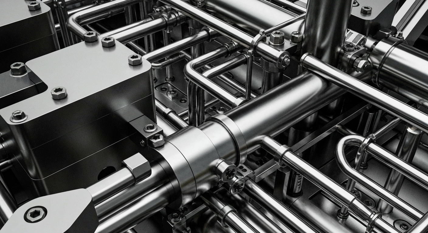 An extreme close-up of highly detailed, metallic pharmaceutical manufacturing equipment, conveying the technical and industrial nature of the industry without using any text or identifiable elements.