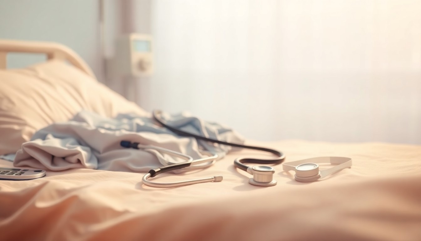 An abstract, out-of-focus photograph in warm tones depicting a nurse's uniform, stethoscope, and medical supplies resting on a hospital bed, conceptually representing the quiet legacy of a lifelong caregiver.