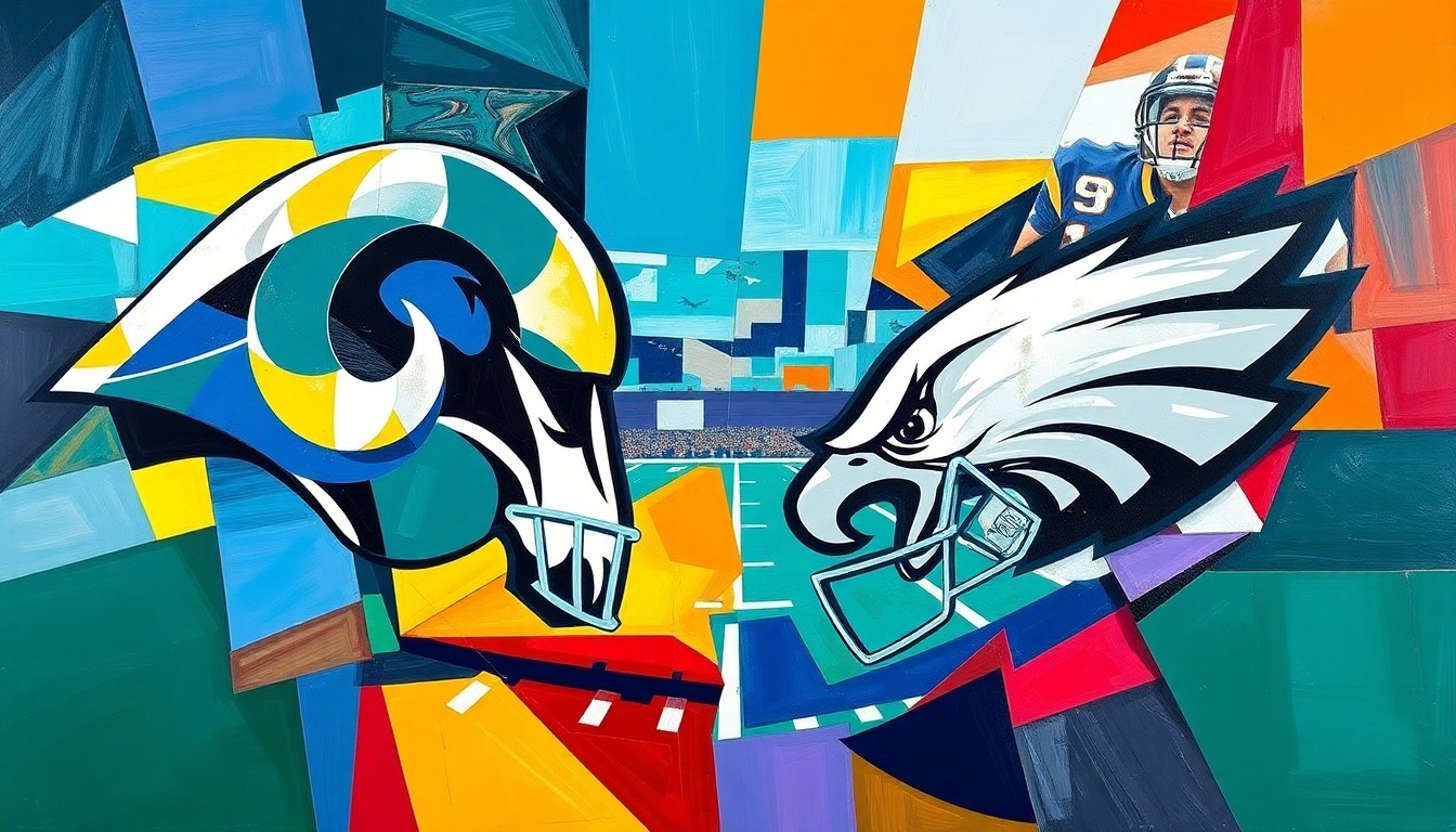 A fragmented, cubist-style painting featuring overlapping geometric shapes and planes in the official team colors of the Los Angeles Rams and Philadelphia Eagles, representing the intricate discussions and decision-making process behind a potential high-profile player trade.
