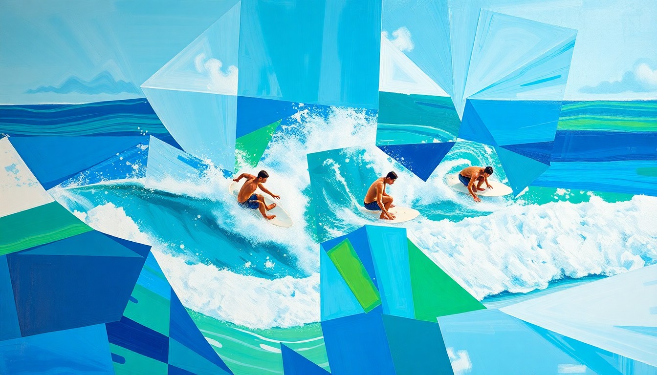 A cubist, geometric painting depicting a college surfing competition or lesson, with overlapping planes of bright blue, green, and white representing the movement and energy of the sport.