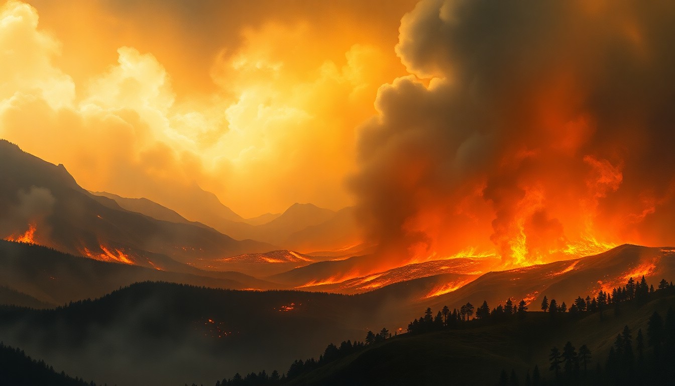A sweeping, atmospheric landscape painting in muted earth tones, with billowing clouds of smoke and flames obscuring the details of any physical structures, conveying the overwhelming force of a natural disaster.