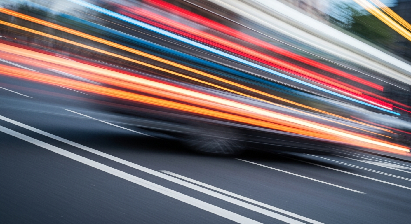 An abstract, colorful image with sweeping, blurred lines representing a speeding vehicle on a city street, conveying a sense of modern engineering, travel, and the need for improved road safety.