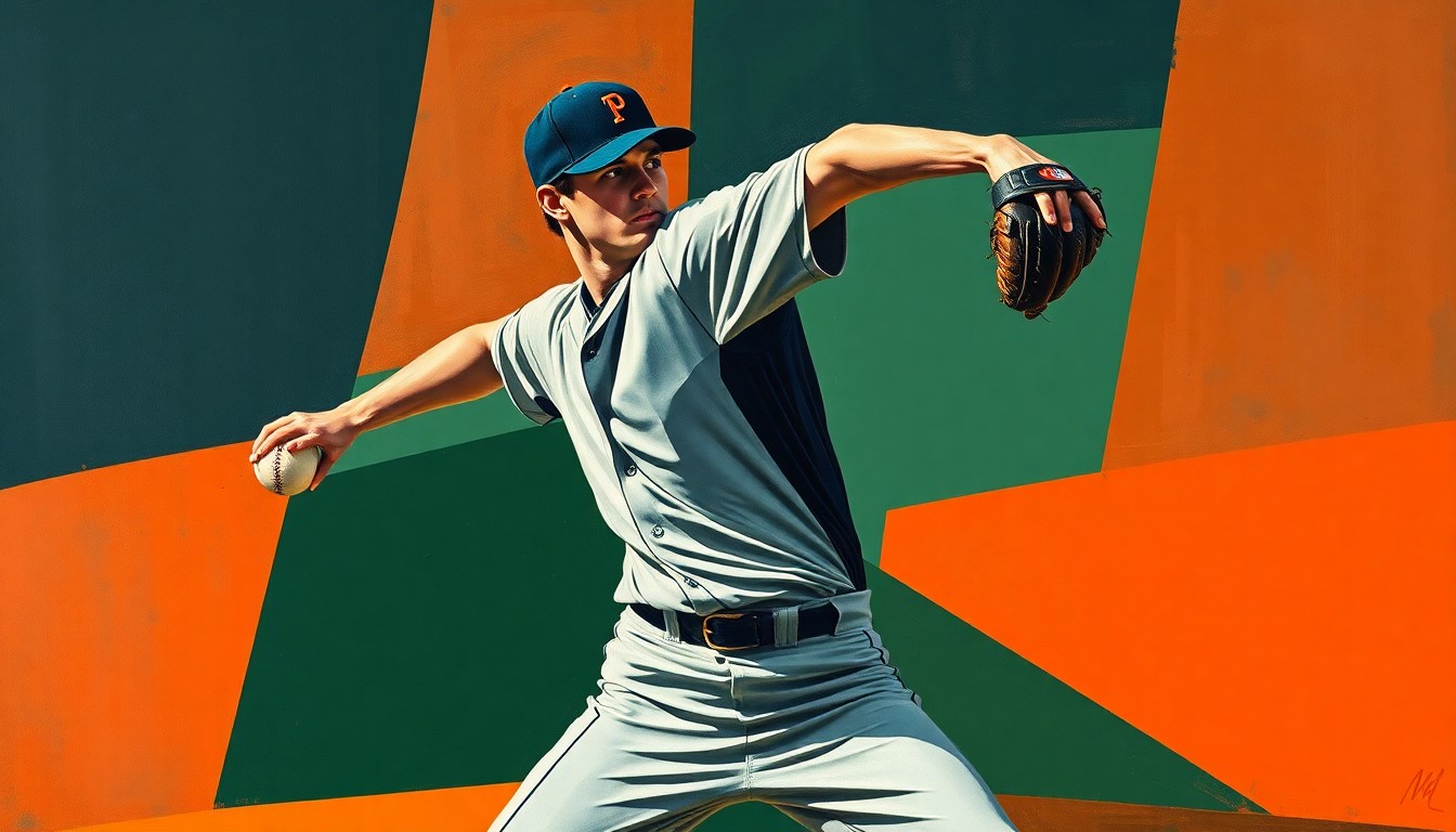 A fragmented, geometric painting depicting a baseball pitcher's windup and delivery, with sharp, overlapping planes of navy, green, and orange hues.