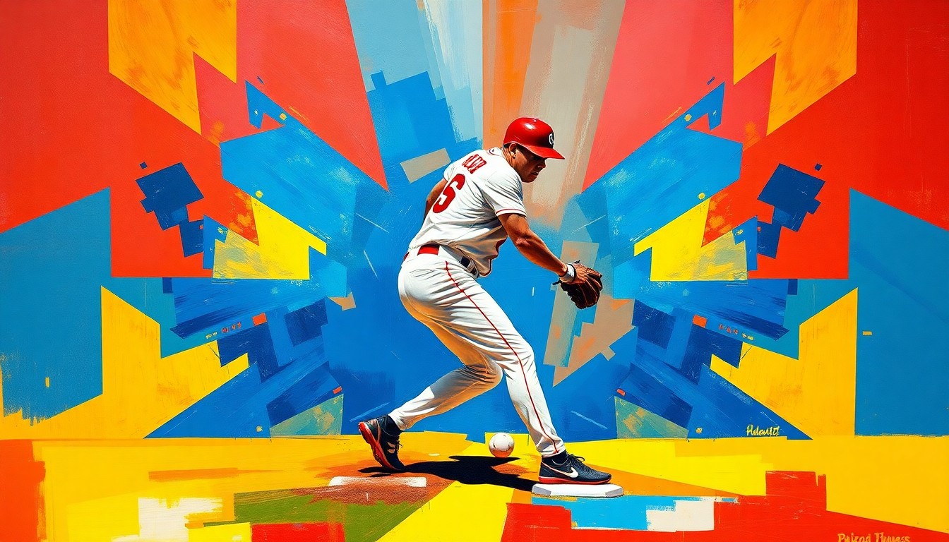 A cubist-style painting depicting the geometric shapes and angles of a baseball shortstop in motion, with vibrant colors and a fragmented, multi-perspective composition.