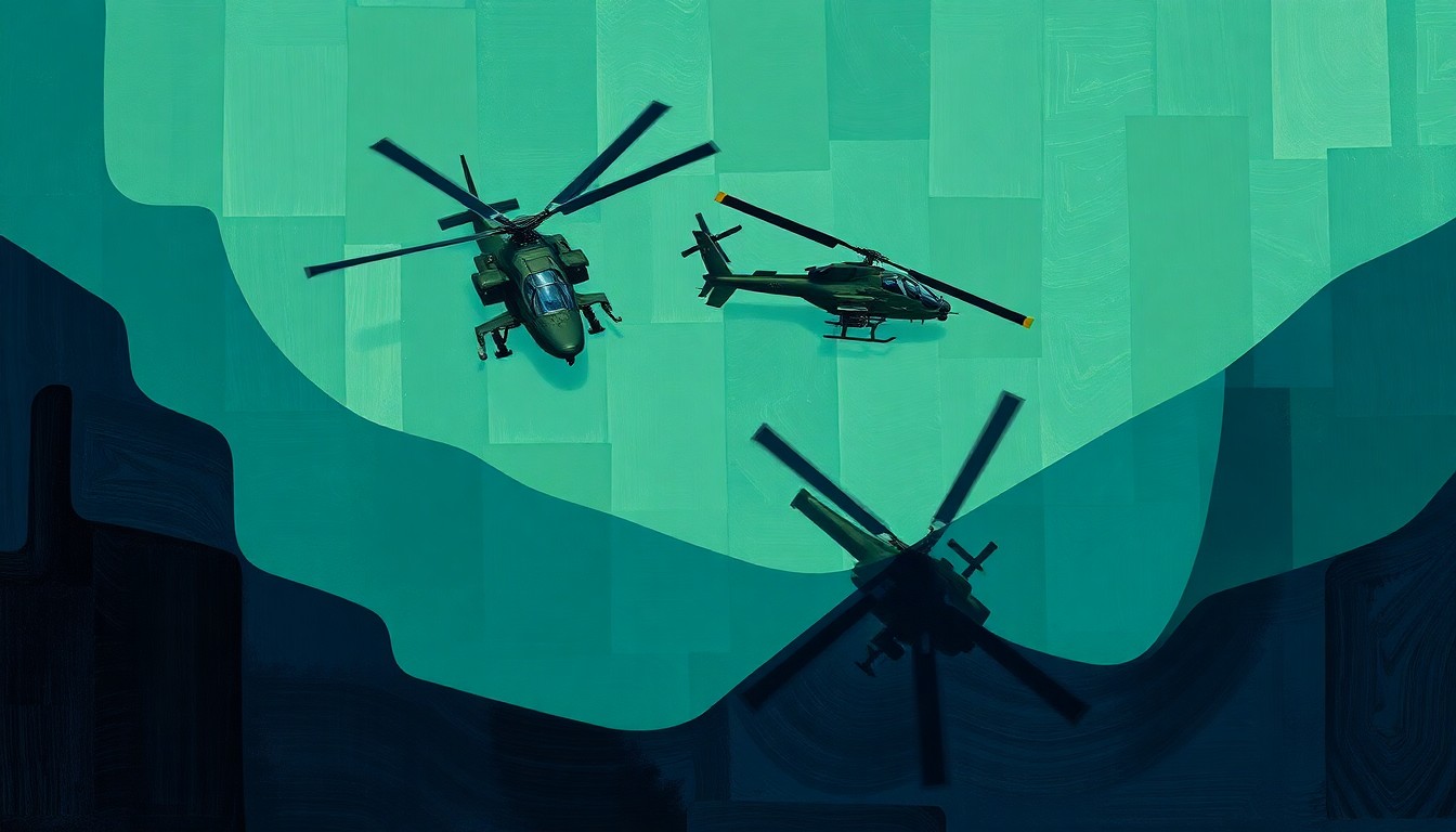 A dynamic, abstract painting depicting two military helicopters hovering over a swimming pool, with overlapping geometric shapes and fractured lines in shades of green, blue, and gray, conveying a sense of motion and tension.