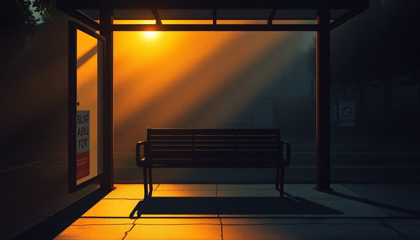 A serene, nostalgic painting of an empty bus stop bench in warm tones, capturing the solitary nature of the struggle for civil rights on public transportation.